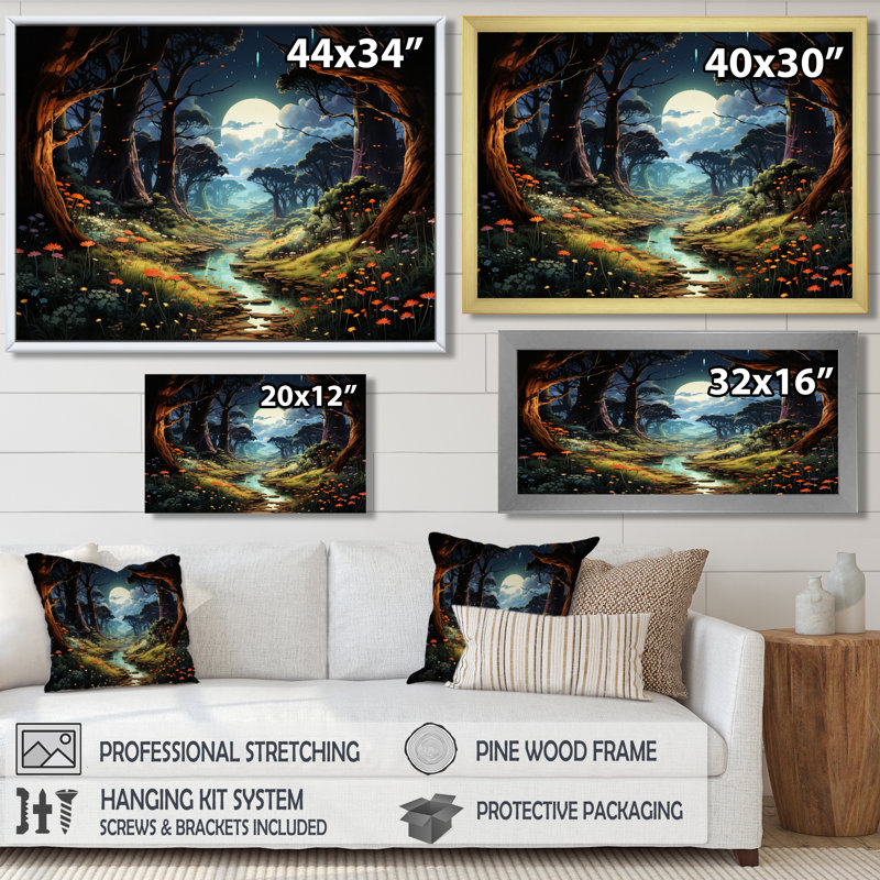 Pleine lune fleurie rivière dans les bois - art mural rivière, H 12 po x l 20 po, Cadre flottant noir, bois massif