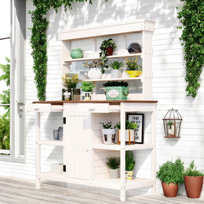 Large Outdoor Farmhouse Wooden Potting Bench Table With 2 Drawers, A Cabinet And Open Shelves