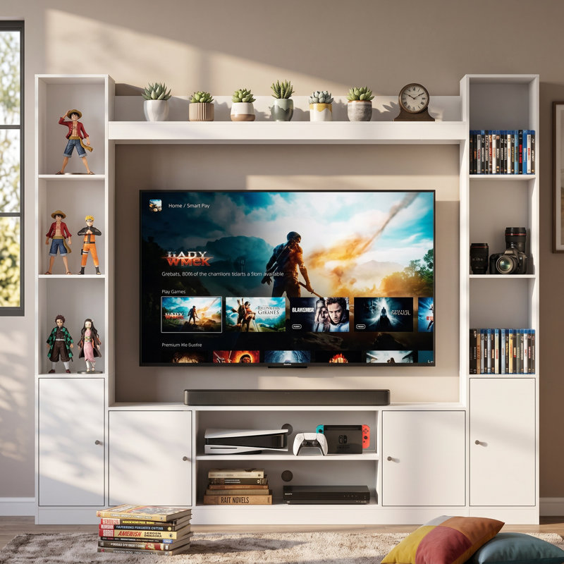 81" W Modern White Laminate Entertainment Center with 4 Doors & Open Shelves