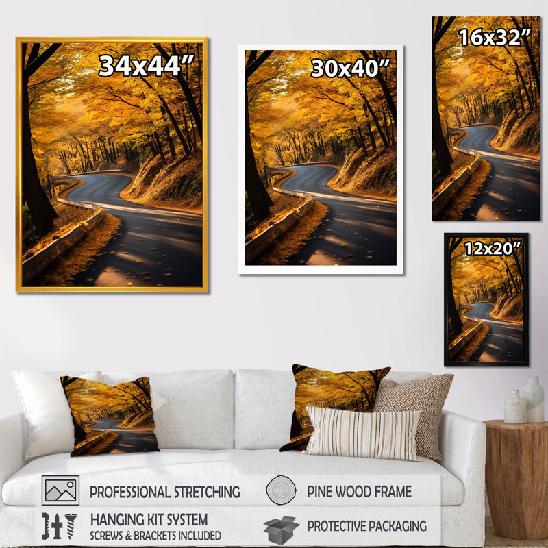 «Autumn Yellow Road Into The Forest II», H 32 po x l 16 po x P 1 po, Cadre flottant noir