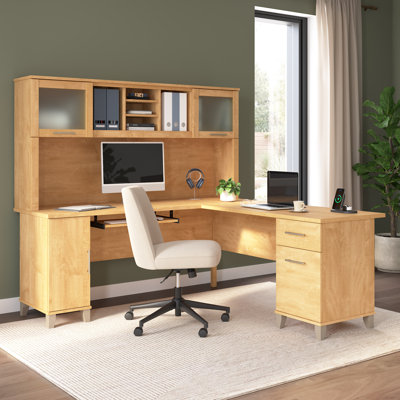 Bureau en L de 72 po avec huche et rangement Paelynn, bureau d'ordinateur d'angle, bois moderne, croix en érable