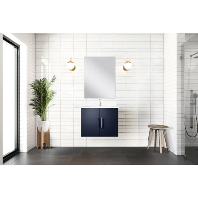Meuble-lavabo bleu l 24 po x P 22 po, comptoir en quartz blanc, miroir et robinet de salle de bain teinté 24 po x 22 po, miroir et taches rayées sur de longues périodes