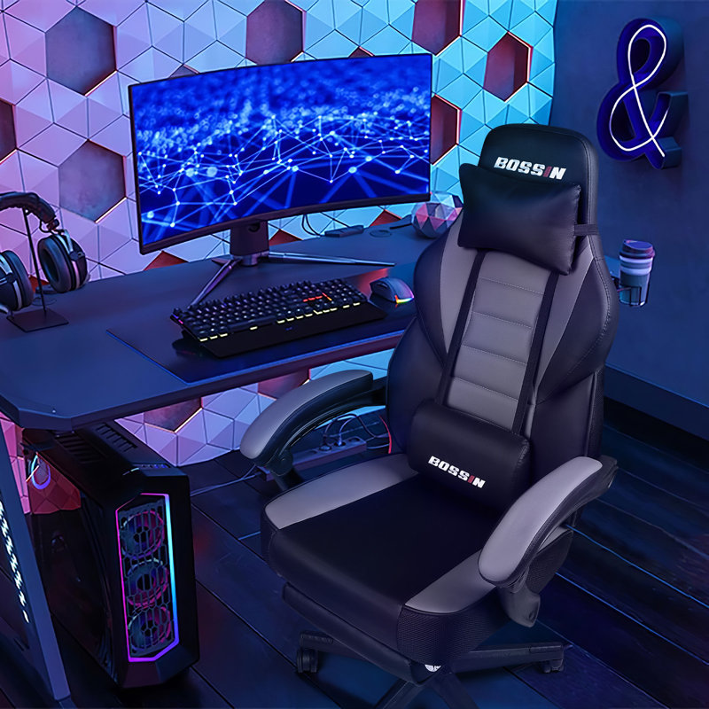 BOSSIN Gaming Chairs with Footrest, Ergonomic Computer Game Chairs with Lumbar Support, Gray/Black