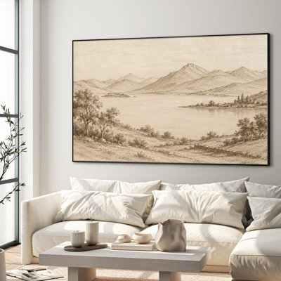 Très grand, reproduction d'art sur tissu mural - paysage de paysage de lac de montagne brun clair - "Assemblage requis (cadre non fini)"