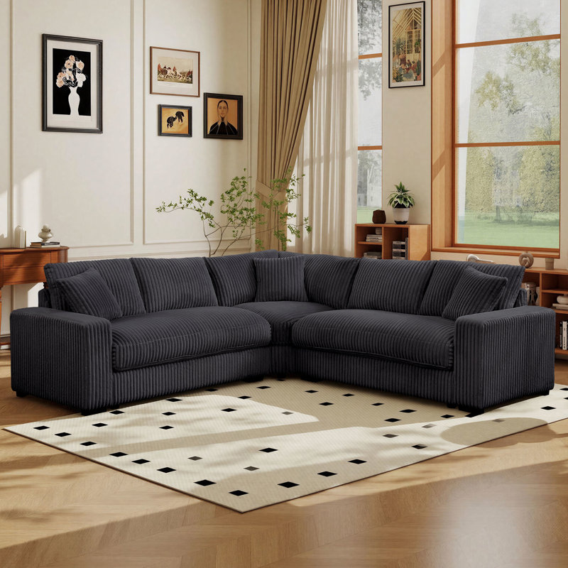 Clitheroe 98.7" Wide L-Shaped Corner Corduroy Modular Sectional Sofa With Multifunctional Ottoman, Gray Corduroy