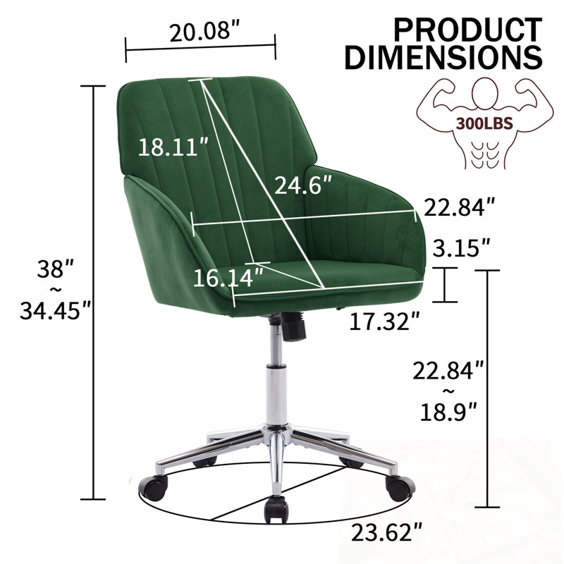 Chaise de bureau réglable en velours avec base en métal, Vert