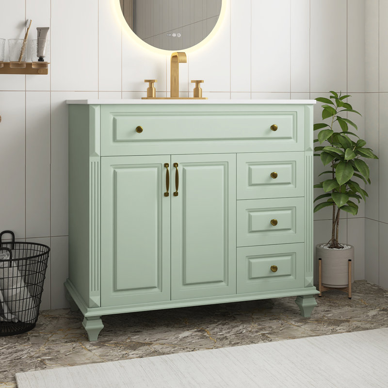 Meuble-lavabo vert moderne en MDF de 36 po avec lavabo en céramique, armoire de salle de bain en bois massif avec tiroir rabattable, 3 tiroirs et 2 portes, avec poignées en métal doré