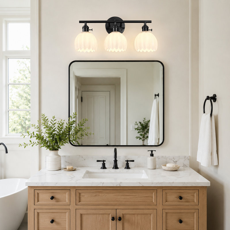 Luminaire de salle de bain à 3 lumières à intensité variable avec abat-jour en verre blanc, Noir mat, Trois lumières