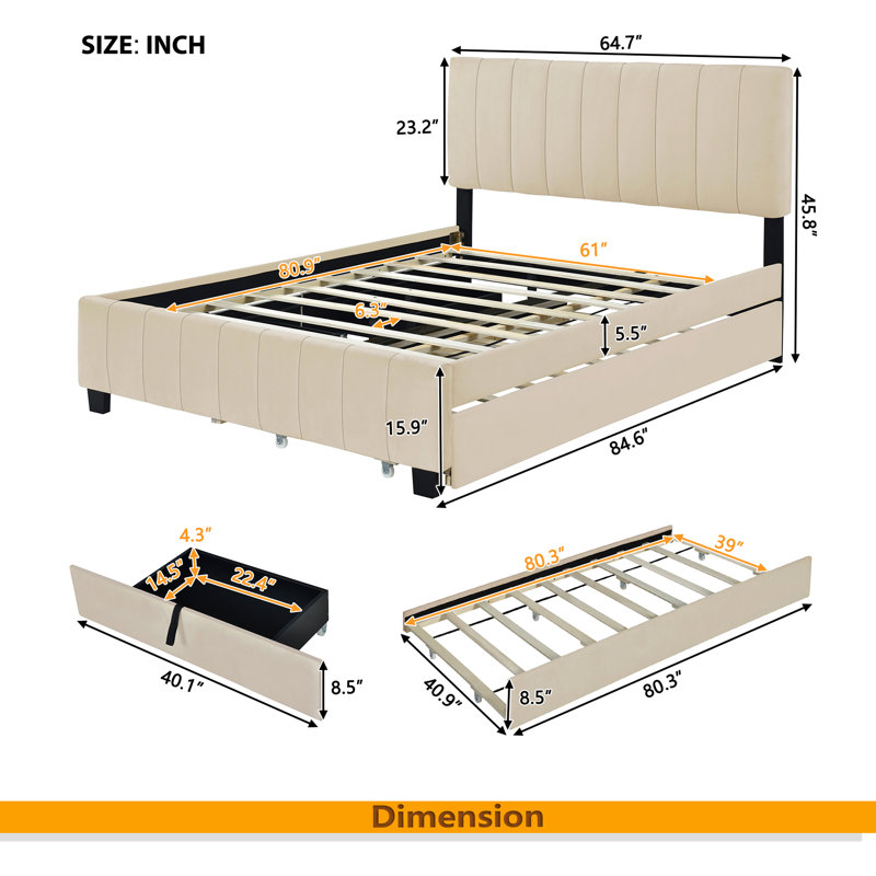 Grand lit plateforme tapissier en velours avec 2 tiroirs et 1 lit gigogne simple TG, Beige