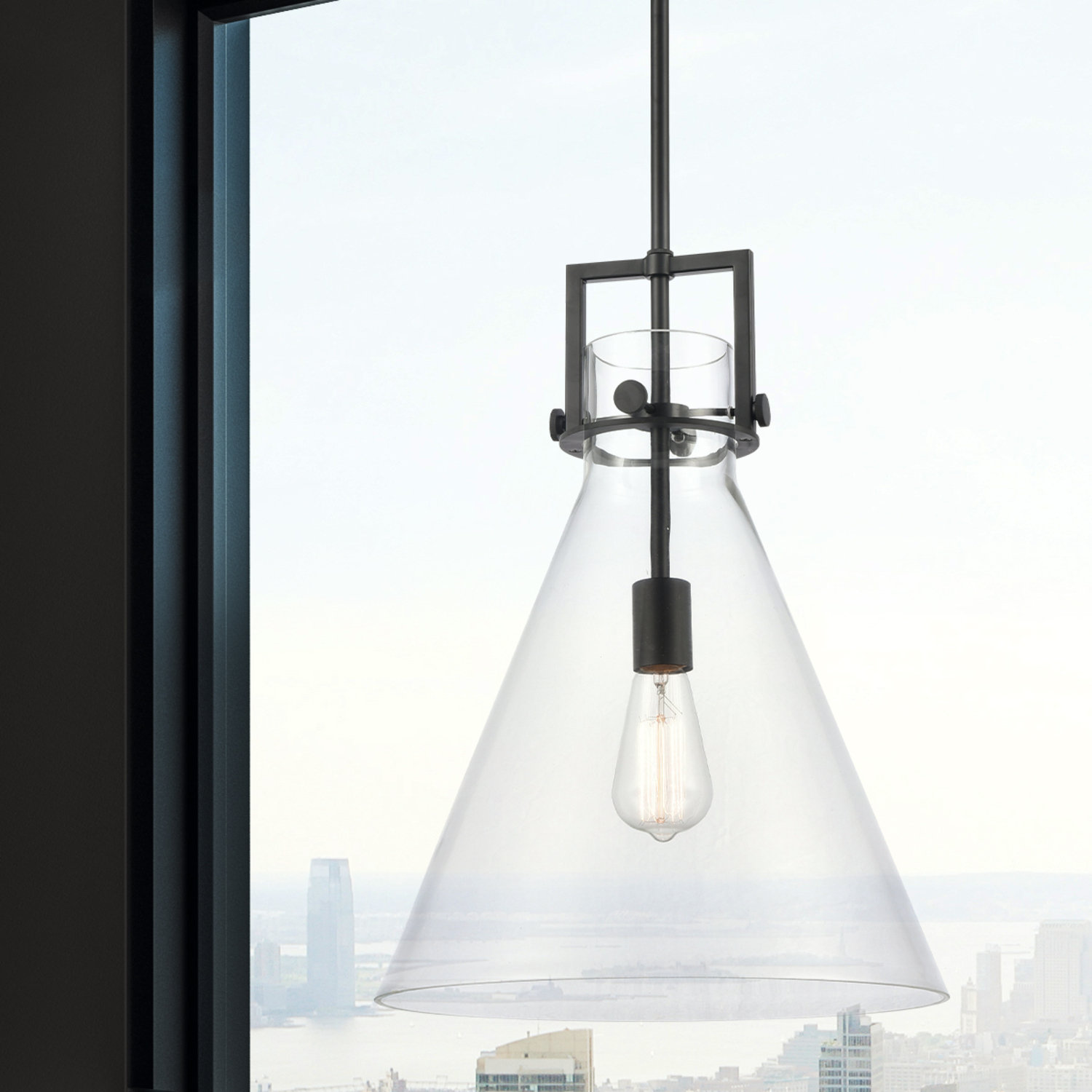 Coterie Single Light Glass Dimmable Pendant, Clear, 19.13" H x 14" W x 14" D, Matte Black
