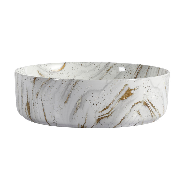 Lavabo de salle de bain rond rond en céramique pour salle de bain, glacier de haute qualité, bien conçu, comptoir de salle de bain de 15,9 pouces de largeur, 18,9 lb, avec design blanc et or, trois couches faciles à entretenir,