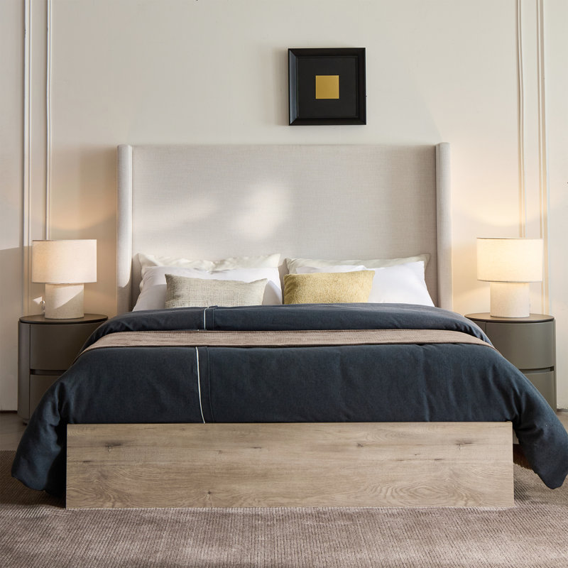 Cadre de grand lit avec tête de lit de 54 po, style scandinave rustique, toile texturée, support en métal, boîte tout-en-un, lit simple à installer, conception haute, cadre, sommier sans sommier, assemblage facile