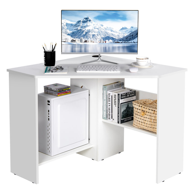 White Compact Corner Computer Desk with Storage Shelves