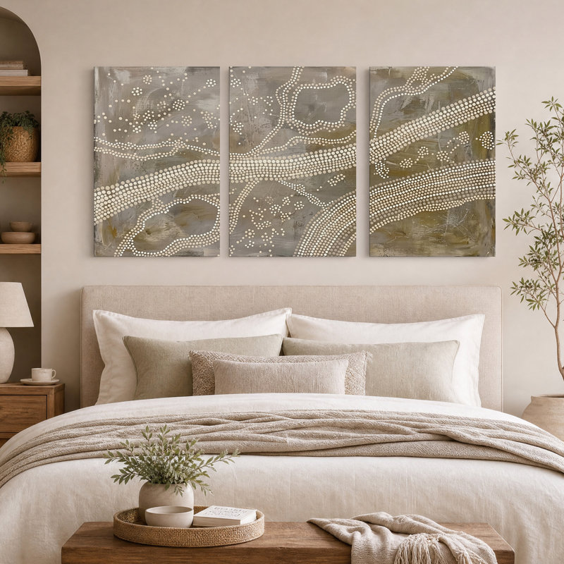 Ensemble de 3 toiles murales à motif abstrait à pois taupe et crème, 36"H x 24"W x 3pcs