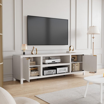 70" Wooden Entertainment Center for Up to 80" TV, White Modern TV Stand with Storage, Fluted Media Console Cabinet with Gold Handl