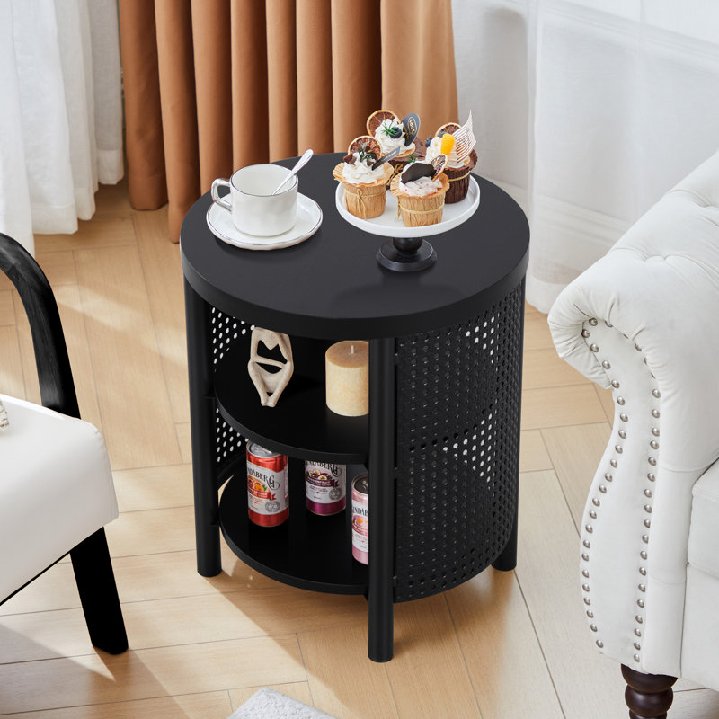 Round End Table With 3-Tier Storage Shelves, Black, 1