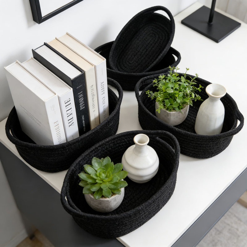 Cotton Rope Storage Basket Set With Handles, 5-Piece Decorative Organizer Bins For Bathroom, Closet, Shelf, And Home Organization