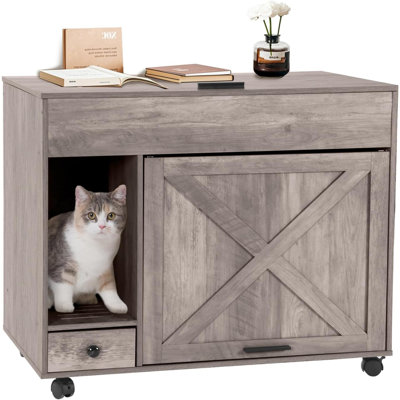 Litter Box Enclosure, Hidden Cat Litter Box Furniture, Wooden Cat Washroom Cabinet With Large Storage And Drawer 31.5" L