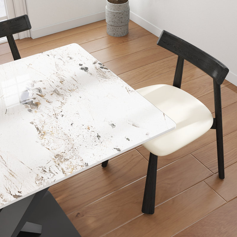 5-Piece Modern Rectangular Sintered Stone Dining Table Set With 4 Faux Leather Chairs, Beige/Black, Pandora