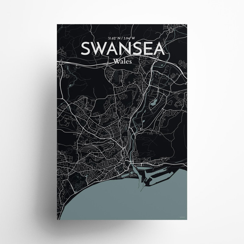 Swansea City Map, impression, H 36 po x l 24 po, Gris/noir