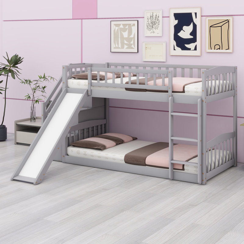 Lit superposé avec escalier de rangement et glissade, Gris