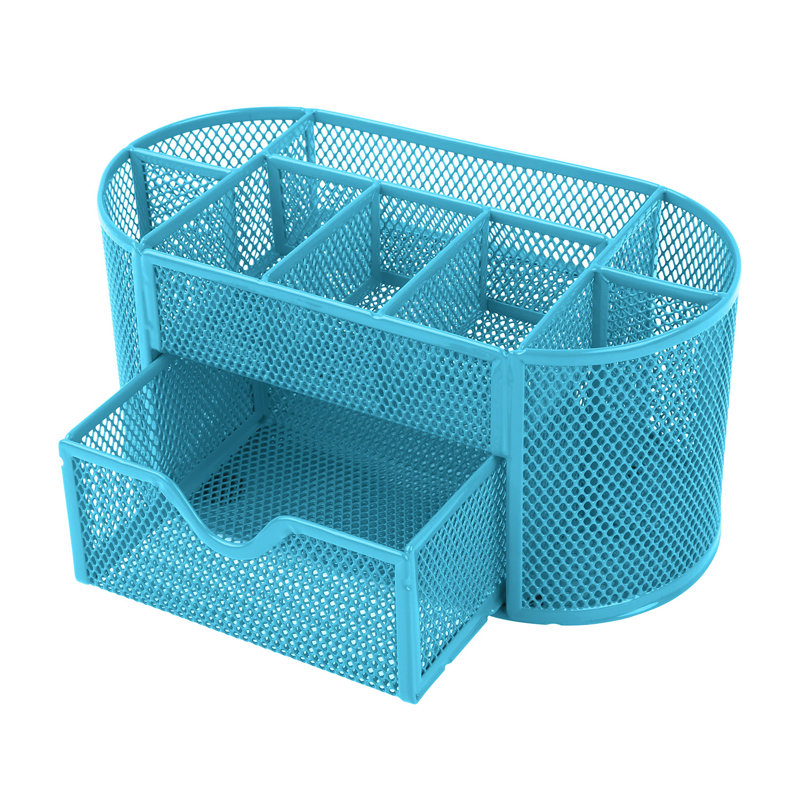 Sky Blue Metal Mesh Desk Organizer with 9 Compartments and Sliding Drawer, Sky Blue