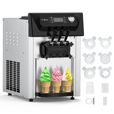 Commercial Soft Serve Machine 3 Flavors 7.4 Gal/H Countertop Ice Cream Maker with LCD & Auto Cleaning for Cafe Restaurant