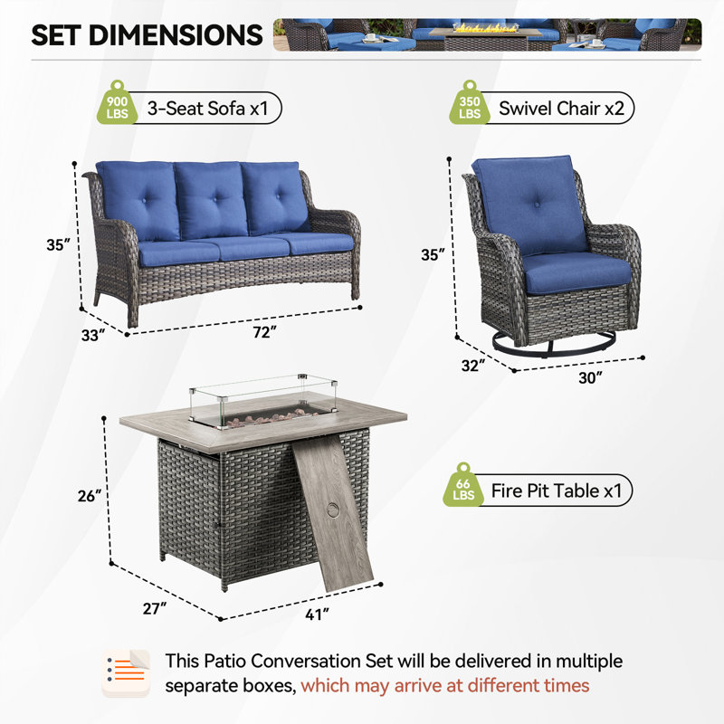 Ensemble de conversation à canapé pour 5 personnes avec foyer extérieur et coussins pivotants Carolina, Bleu/gris
