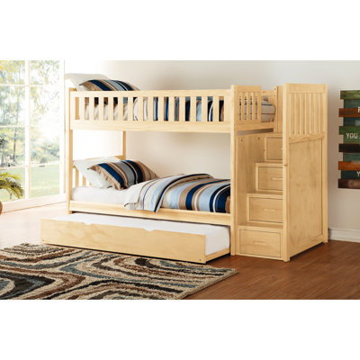Modern Transitional Twin Over Bunk Bed With Pull - Out Trundle, Reversible Step Storage, Natural Pine Finish, Guard Rails, Ideal For Small Bedrooms Storage Drawers, Wooden Bedroom, 300Lbs Weight