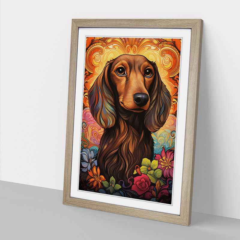 Dachshund Nouveau Framed Print, 46cm H x 34cm W x 2cm D, Oak Framed