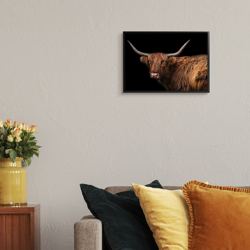Bétail à poils longs de la ferme, H 11 po x l 14 po, Giclée encadrée noir minuit