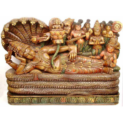 Sculpture en bois faite à la main - Vishnu sur Sheshanaga, seigneur Vishnu assis dans une repose cosmique, décoration spirituelle, art traditionnel sud-asiatique