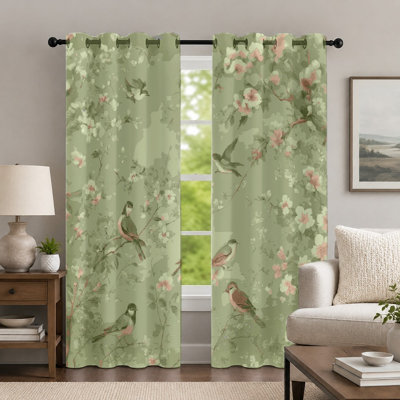 2Pcs Bird Pattern Curtains, Botanical Style Green Floral Drape, Elegant Nature-Inspired Printed Art Grommet Panels, Window Treatment for Bedroom Living Room Decor