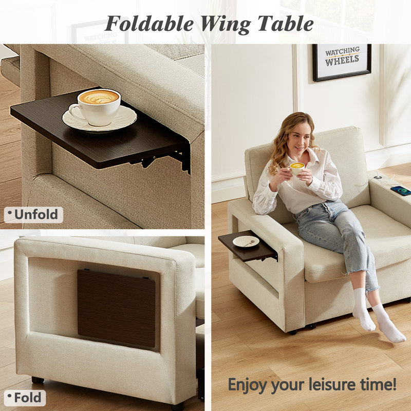 Canapé-lit de 42,5 po, canapé-lit inclinable convertible 3-en-1 avec canapé-lit, dossiers réglables, poches latérales, Beige