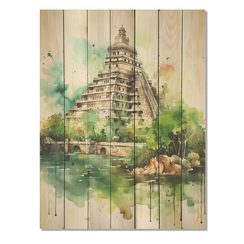 Chichen Itza, art mexicain II - art mexicain sur bois, H 20 po x l 10 po