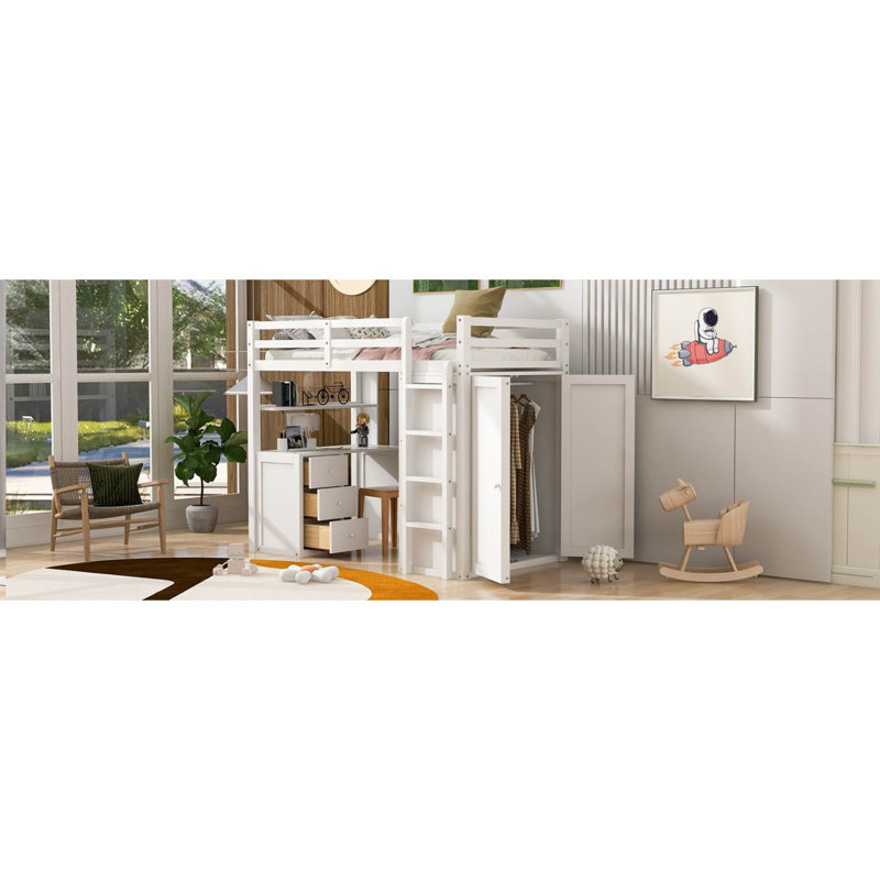 Lit mezzanine avec commode et tiroir, Lit simple, Blanc