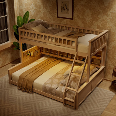 Lit superposé simple au-dessus de grand lit simple avec tablettes intégrées, lumières à changement de couleur et panneau perforé, beige