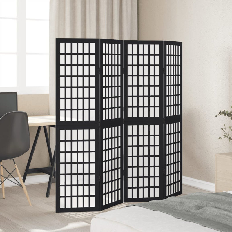 Room Divider 4 Panels Solid Wood Paulownia, 160cm H x 145cm W x 1.6cm D, Black
