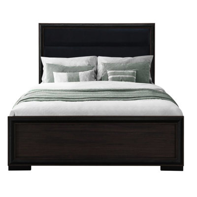Lit très grand avec lit à DEL, bois massif moderne et lit, tête de lit tapissier en noir complet (accent, garniture, rembourrage, détails brun tout autour)