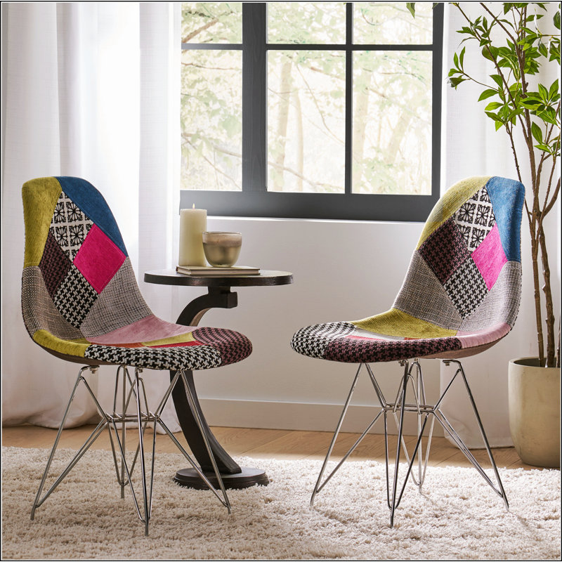 Patchwork Accent Chair Bohemian Style Fabric? Chair with Chromed Legs Geometric Pattern Chair, 18D x 21W x 32H, Set of 2