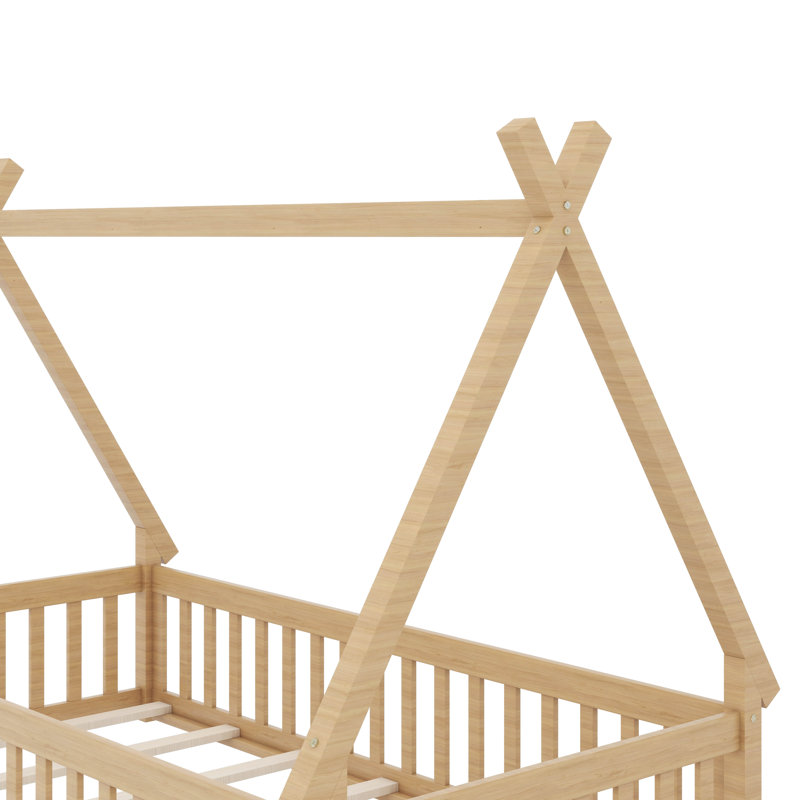Lit simple de style Montessori avec clôture et porte, Naturel