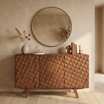  Sapa 53" Solid Wood Sideboard with 3D Carved Geometric Doors, 3 Doors, Adjustable Shelves, Mid-Century Modern Design, Easy Assembly, Dark Walnut