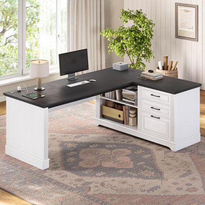 61" Executive Desk, Farmhouse L Shaped Desk With File Drawers, Home Office Desk With Power Outlets, Computer Desk With Storage Shelves For Home Office