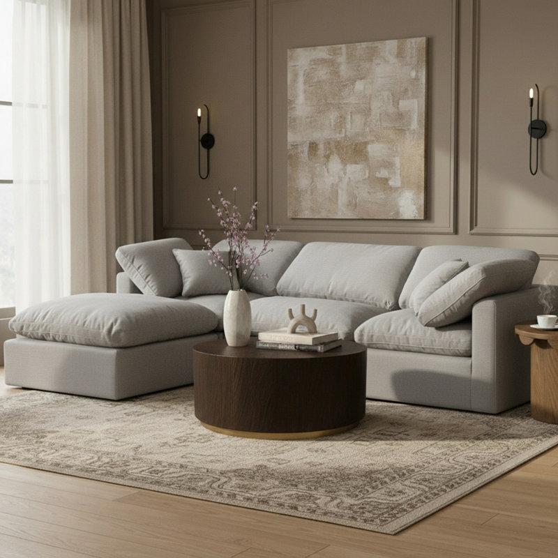 Canapé modulaire rembourré 4 pièces Hinami, Tissu gris texturé en lin