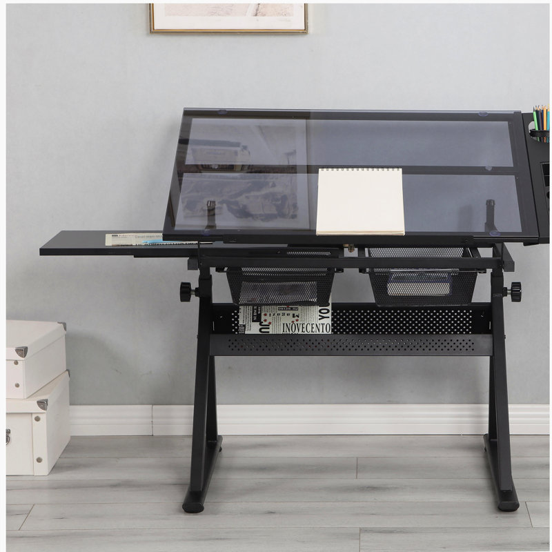 Black Adjustable Tempered Glass Drawing Desk and Chairs