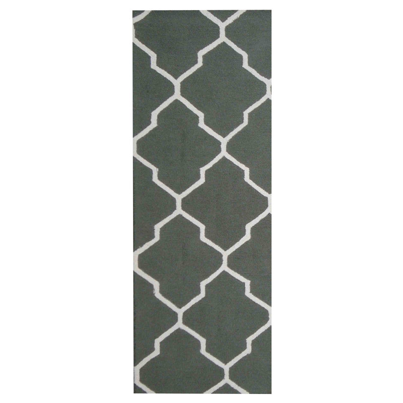 Tapis intérieur vert / ivoire touffeté à la main, Tapis de couloir 2 pi 6 po x 7 pi