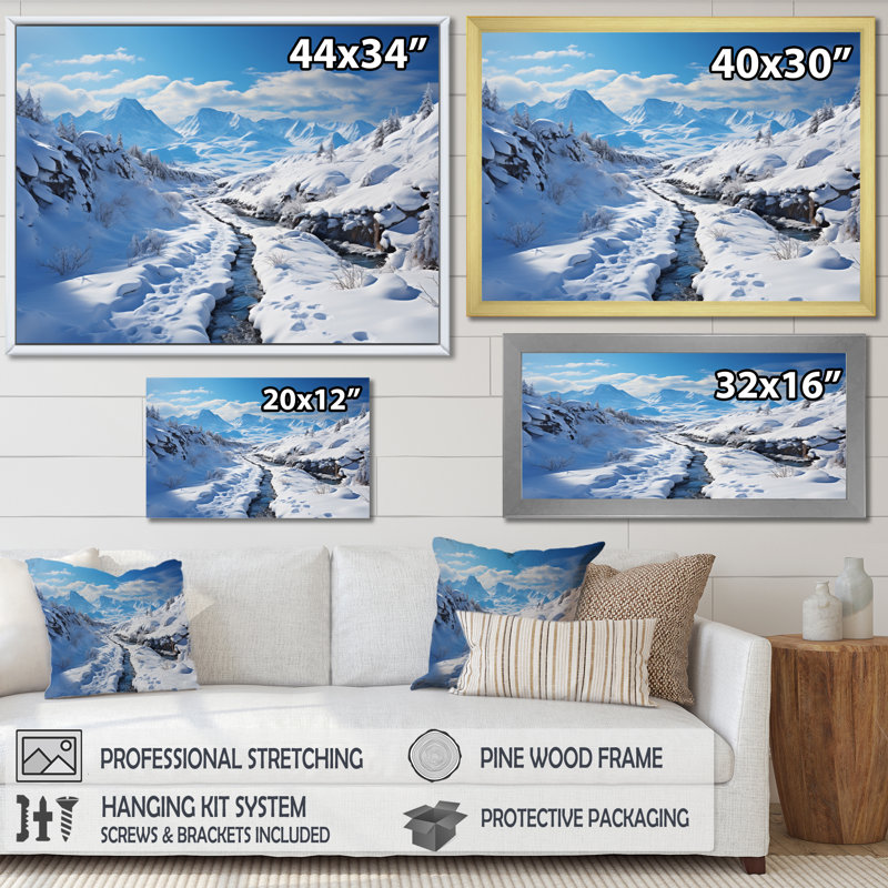 " Winter Mountain Charm ", 34" H x 44" W x 1.5" D, Gold Floater Framed