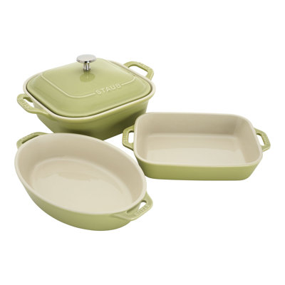 Staub Ceramic 4-Pc Baking Pans Set, Casserole Dish With Lid, Brownie Pan, Citron