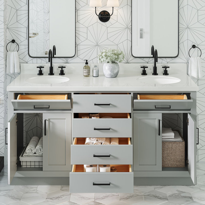 Ensemble de meuble-lavabo double en bois massif 66 po avec plateau en quartz blanc 1,5 po Thornaby, lavabos ovales, Ovale