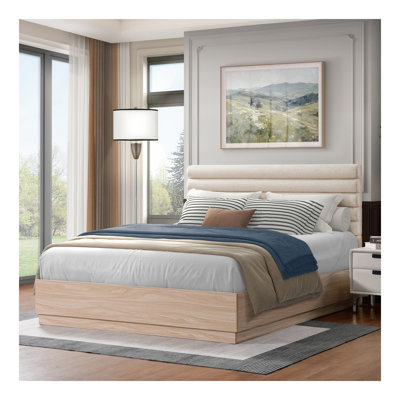 Structure de lit grand en bois avec tête de lit tapissier en tissu Boucle